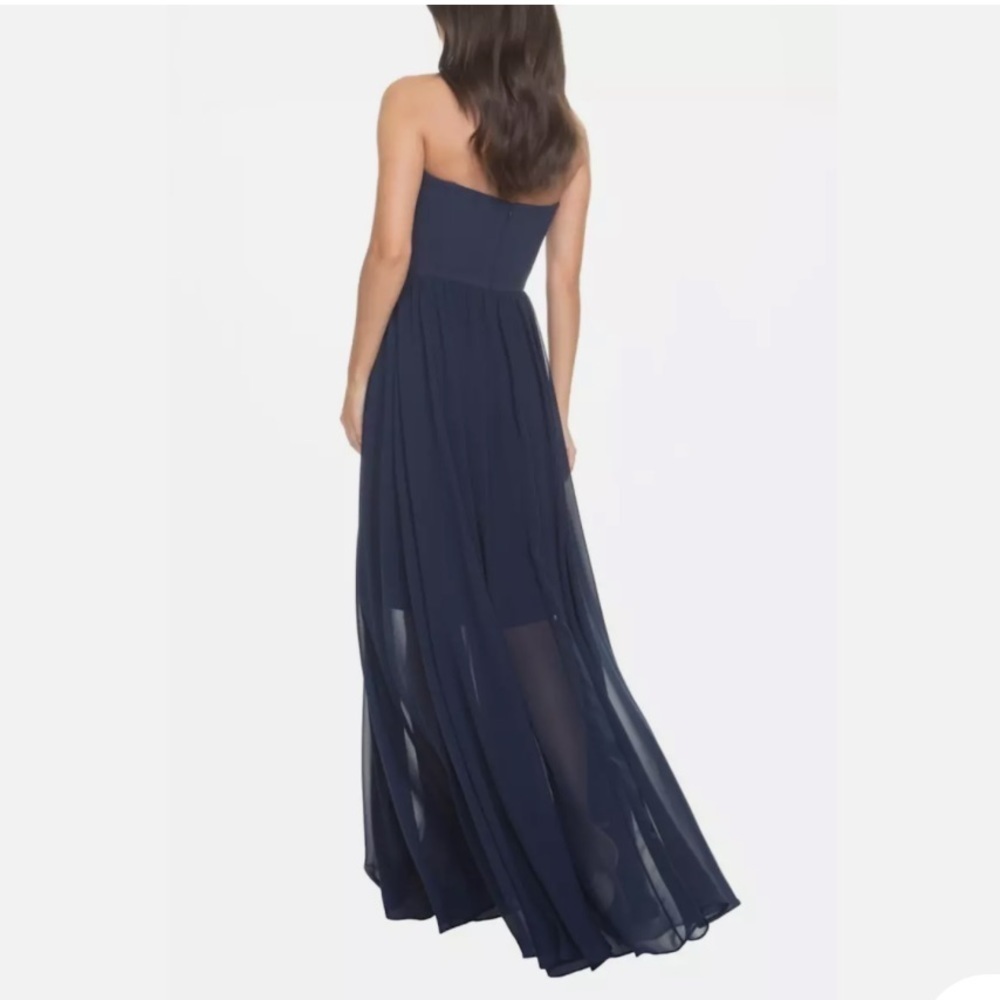 DRESS THE POPULATION Ella Strapless Crepe Chiffon Gown In Midnight Blue - Picture 2 of 5